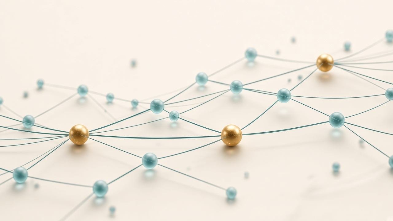 A sparse field of glass nodes connected by teal threads